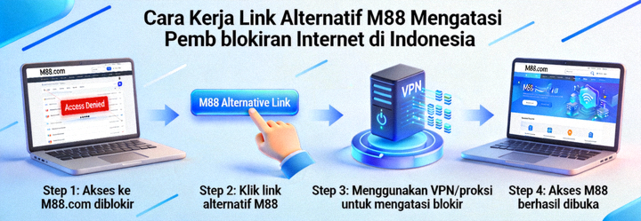 Animasi ilustrasi cara kerja link alternatif M88 mengatasi pemblokiran internet di Indonesia