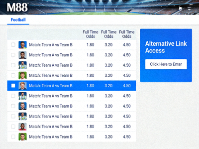 Tampilan antarmuka sportsbook M88 yang diakses melalui link alternatif dengan odds sepak bola yang lengkap